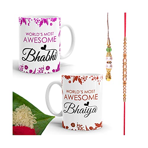 Vickvii World’s Most Awesome Bhaiya World’s Most Awesome Bhabhi Lumba Rakhi for Bhaiya Bhabhi Gift Set of 2 Printed Coffee Mug With Roli Chawal(BB-06-LC-VE)