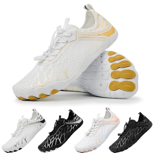 Scarpe da Scoglio Uomo Scarpe Barefoot Donna Scarpe da Immersione Scarpe da Spiaggia Scarpe da Nuoto Asciugatura Rapida Traspirante Yoga Sport Bianco Oro 38 Unisex