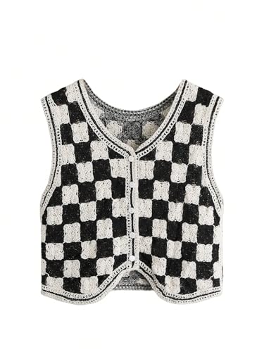 Verdusa Women's Sweater Vest Button Down V Neck Sleeveless Crochet Plaid Checkered Knit Sweater Vest