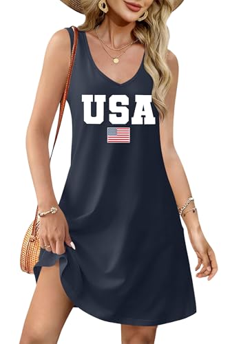 Image of LHBNK 4th of July Dress for Women: American Flag Tank Dresses Star Striped Splicing Loose V Neck Sundresses