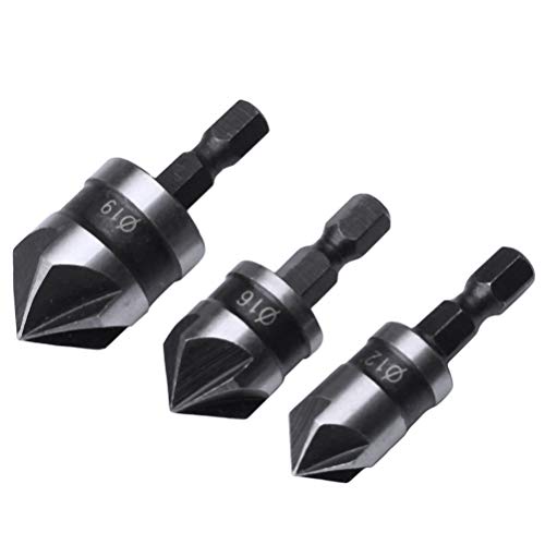 Leful 3 pcs 1/4 Inch Hex Shank, Countersink Drill Bit Hex Shank 5 Flute 90 Degree Chamfering Counter Sinker Wood Drill Bits Set(12mm 16mm 19mm)