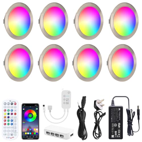 AIBOO RGB Under Cabinet Kitchen Lights 8 Pack,Downlights for Ceiling Colour Chang,Smart Under Cupboard Kitchen Lights Dimmable with Remote,Under Cabinet Light LED with Plug in or Hardwired