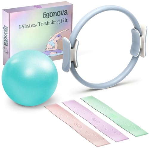 EgoNova Juego de Anillos de Pilates: círculo mágico de 14 Pulgadas con Asas Acolchadas Dobles, Mini Bola de Pilates y Bandas de Resistencia (15, 25, 35 Libras) para Fuerza, flexibilidad (Blue)