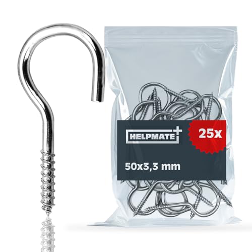 HELPMATE – gancho de tornillo curvado 50x3,3x18x13 mm – acero galvanizado electrolítico – 25 piezas – gancho para montaje en pared o techo