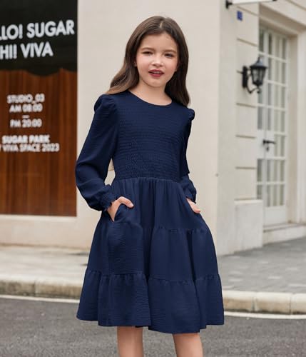 Arshiner Girls Dress Fall Boho Long Sleeve Shirred Smocked Tiered Party Dresses with Pockets4