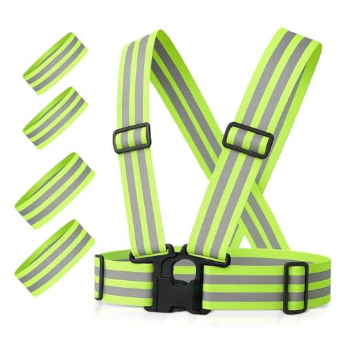 FLEXEO Reflective Vest + 4 Reflective Bands, Yellow, Running Vest, Reflective Band for Bike, Jogging, Running, Construction Site, Jogging, Running Reflectors Vest