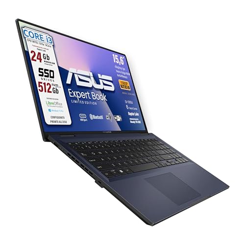 ASUS Expertbook, pc portatile, Cpu Intel i3 Raptor Lake di 13Th 6Core, Ram 24 Gb, SSD Nvme da 512Gb, 15,6 FHD, wi-fi 6, 4 Usb, Bt, Intel UHD, Win 11, Libre Office, pronto All'uso Gar. Italia