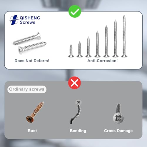 Image of QISHENG 80 PCS #8 Stainless Steel Phillips Flat Head Wood Screws Assortment Set,Stainless Steel 18-8 A2(304) Screw,Home Screw Kit