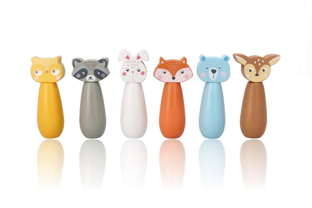 Kegelspiel für Kinder, 6 Kegel, 2 Bälle - Bowling-Set für Kinder, Waldtier-Figuren - Bemaltes Holz - Spielzeug ab 3 Jahre - Outdoor, Indoor - Kinderball, Geburtstag, Geschenk
