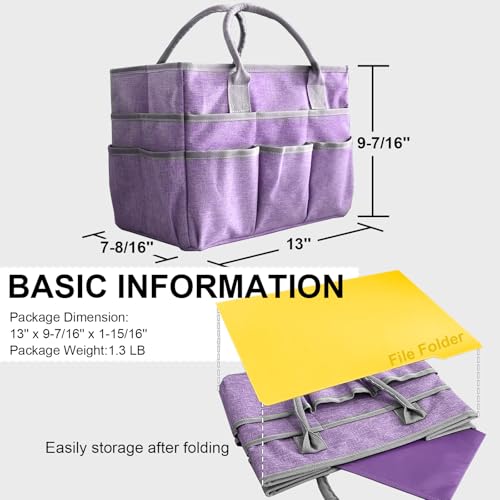 Image of Cupohus Art Organizer Craft Storage Tote Bag with Pockets and Handles, Oxford Fabric Carrying Caddy for Teacher, Officer, Artist, Traveler -Purple
