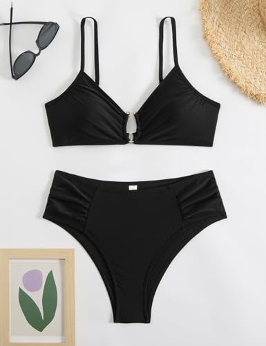Tainehs Two Piece Swimsuits for Women Spaghetti Strap Bikini Sets Ruched V Neck Mid Rise Back Hook Bathing Suit Black4