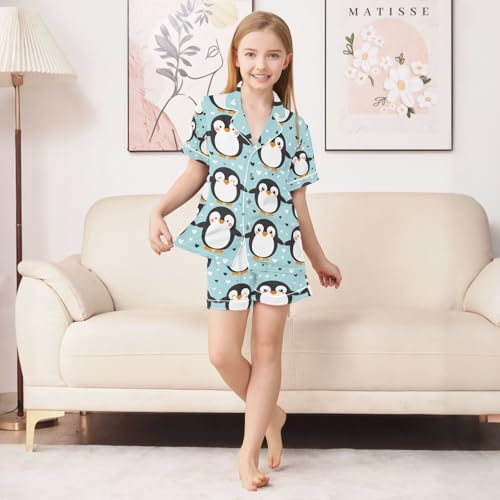 Penguin Holding Hands Satin Summer Pajama Sets Silk Short Sleeve Button Down Sleepwear4
