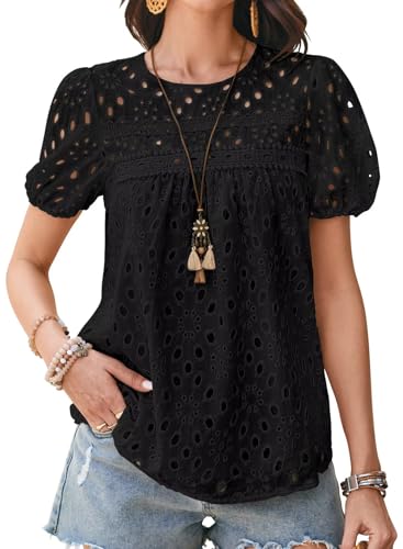 Womens Summer Tops Crewneck Short Sleeve Shirts Casual Babydoll Chiffon Blouses Eyelet Flowy Lace Hem Boho Clothing