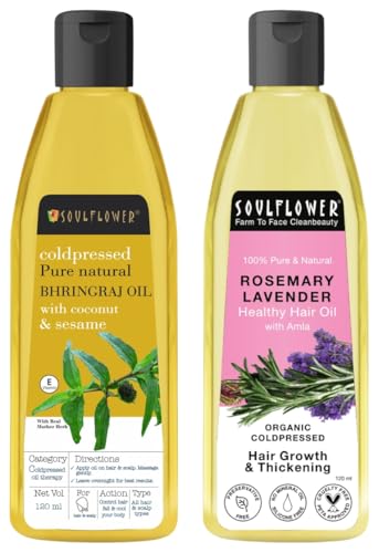 Soulflower Rosemary Lavender Hair Oil, 120Ml Bhringraj Hair Oil 100% Pure & Natural| Hair Growth, Strengthening & Nourishing hair roots, Anti-Dandruff, Cooling Scalp| Coconut, Sesame| 120ml Soulflower Rosemary Lavender Hair Oil, 120Ml Bhringraj Hair Oil 100% Pure & Natural| Hair Growth, Strengthening & Nourishing hair roots, Anti-Dandruff, Cooling Scalp| Coconut, Sesame| 120ml