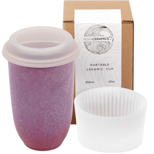 NOVA CERAMICS Coffee Travel Mug – Cup Holder Friendly Travel Mug– Microwave & Dishwasher Safe White & Purple Tumbler - Coffee Mug Fits In Cup Holder – 12oz – Astral Bloom
