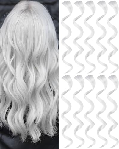 Olldag 10 PCS White Hair Extensions Clip-in, Curly Wavy Synthetic Hairpieces Clip in Rainbow Neon Party Highlights, Colorful Hair Accessories for Girls Women