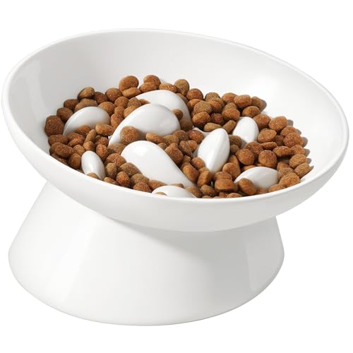 IDOGCHEW Keramik Anti Schling Napf Katze Erhöht, Neigung für gesündere Halswirbel, Slow Feeder für Nassfutter, Antischlingnapf für Katzen und Kleine Hunde, Weiß
