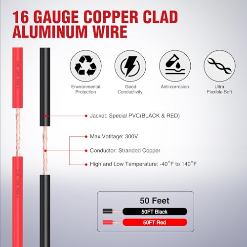 Nilight 50FT 16AWG Copper Clad Aluminum Wire 16/2 Gauge Red Black | CCA Electrical Cable 2 Conductor Parallel 12V/24V DC Flexible Extension Cords for Car Audio Radio Speaker Amplifier - image 2