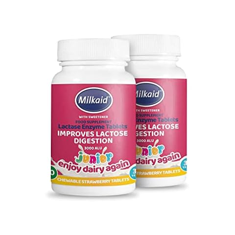 Milkaid Junior Lactase Enzyme Chewable Tablets for Lactose Intolerance Relief Prevents Gas, Bloating & Diarrhoea Fast Acting Dairy Digestive Supplement Gluten Free & Vegan, (120 Tablets) Cover