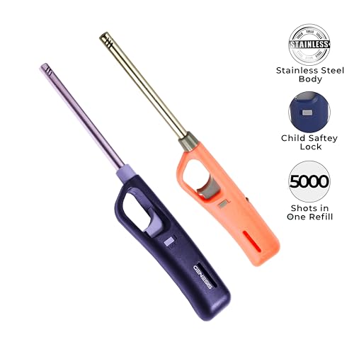 Image of Genesis Refillable Windproof Gas Flame Lighter Long Reach Utility Lighters for Kitchen, Stove, BBQ, Candles, Camping Indoor Outdoor Use, Refillable Gas Safety Lighter (Orange, Blue) (Pack of 2)