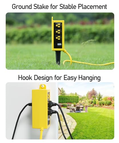 Image of Outdoor Power Strip Weatherproof, ZZJ IP69 Grade Waterproof Surge Protector, 25 FT Outdoor Extension Cord with Stake, 6 AC Outlets,14 AWG Heavy Duty Cord for Outdoor Patio Garden-Yellow
