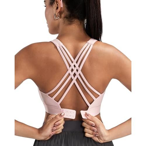 RUNNING GIRL Sports Bras for Women,Crisscross Back High Impact Sports Bra with Hook Closure Workout Supportive Bra A-flush Pink Medium