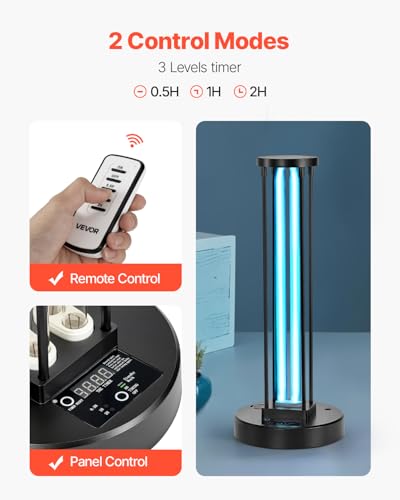 Image of VEVOR UV Light, 36W Ultraviolet Lamp with Ozone Purifier, UVC Lamp with 30 /60 /120 Minutes 3-Gear Timer and Remote Control, for Room up to 400 sqft, UVO Lights for Living Room, Bedroom, Hotel, School