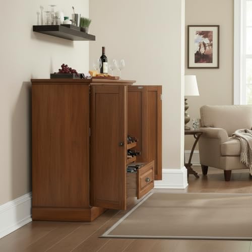 Image of APRODZ Solid Mango Wood Bar Cabinet - Luxury Wooden Wine Cabinet with Glass Storage Rack, Shelves & Doors for Living Room & Dining Area (Walnut)