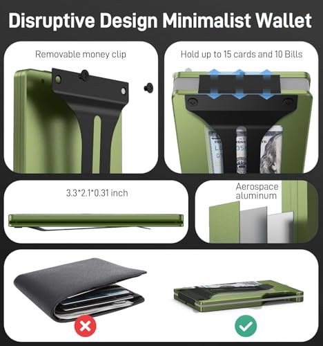 Image of Minimalist Wallet for Men, Slim Metal RFID Blocking Wallet Credit Card Holder Money Clip & Cash Strap, Scratch-Resistant Holds 15 Cards,Ideal Gift for Men | -Matt Green