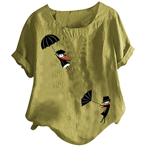 Top femmes o-neck respirant boutons lin coton style vintage floral kaki unique XL