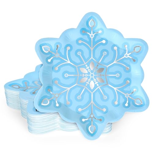 JarThenaAMCS 24Pcs Winter Snowflake Paper Plates Silver Foil Blue Snowflake Shape Disposable Plates Christmas Party Tableware for Xmas Wedding Birthday Table Decor Supplies