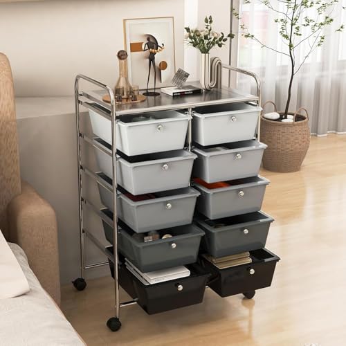 Image of LDAILY 10 Drawer Rolling Cart, Storage Cart Organizer on Wheels, Drawer Cart with Metal Frame & Large Storage Capacity, Rolling Cart with Drawers for Living Room Classroom, Office