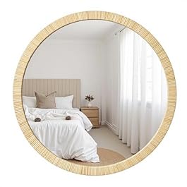 Round Rattan Wall Mirror,20″ Circle Bathroom Mirror, Decorative Handmade Wooden Frame Wicker Mirrors for Nursery Bedroom Living Room Entryway Home Decor Nature
