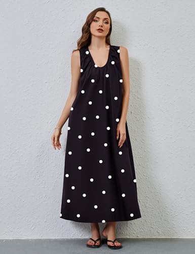 Image of Women Sleeveless Ruched Maxi Dress Scoop Neck Long Elegant Dresses Wide Shoulder Strap Blouse Dress with Side Pockets