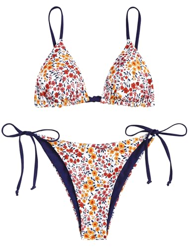 Image of ZAFUL Women's Triangle Bikini Floral String Bikini Set Two Piece Swimsuit Bathing Suits