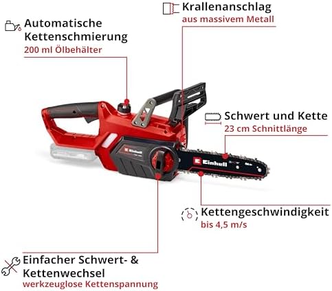 Bild 2 - Einhell Akku-Kettensäge GE-LC 18/25 Li-Solo Power X-Change (18 V, 23 cm Schnittlänge, 4,5 m/s Kettengeschwindigkeit, autom. Kettenschmierung, werkzeuglose Kettenspannung, ohne Akku)