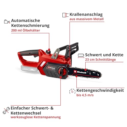 Einhell Akku-Kettensäge GE-LC 18/25 Li-Solo Power X-Change (18 V, 23 cm Schnittlänge, 4,5 m/s Kettengeschwindigkeit, autom. Kettenschmierung, werkzeuglose Kettenspannung, ohne Akku) 3
