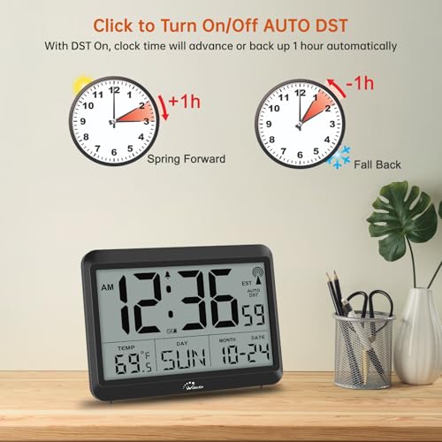 WallarGe Atomic Digital Wall Clock Battery Operated, Self-Setting, Large Display with Temperature, Date, Day of The Week, Silent Wall Mount Digital Clock, 4 Time Zones, DST - Image 6