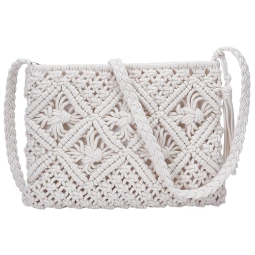 WEBEEDY Bolsa tiracolo de macramê branco boho feita à mão para praia, viagens, uso diário, presente para aniversário, feriado, dia das mães, casamento, Natal, 26 x 20,5 cm (10,2 x 8,1 polegadas) corpo