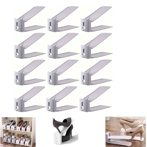 HYGRAD BUILT TO SURVIVE Shoe Slots Pack Of 12 Space-Saving Adjustable Shoe Storage Organiser with 3-Level Height Non-Slip Shelf Holder Plastic (Grey)