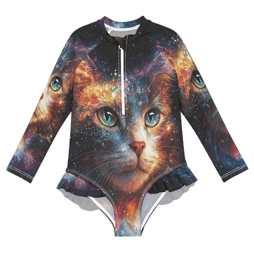CaTaKu Girls One Piece Swimsuit Cat Galaxy Toddler Bathing Suit Long Sleeve UPF 50+ Rash Guard Swimwear 3-12Y