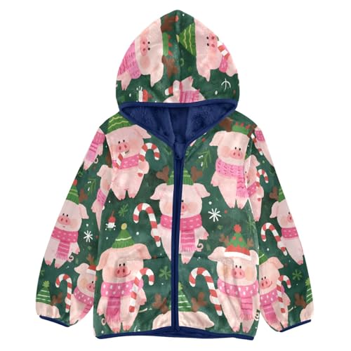 Christmas Pigs with Candy Canes Toddler Fleece Jacket Girl Boys Hooded Fleece Jacket Coat Warm Outwear Zip-up 3-10T