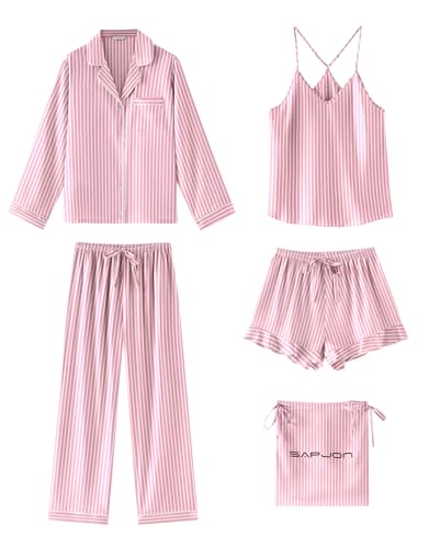 SAPJON Satin Silk Pajamas for Women Set 5PCS Classic Button Down Pajamas Top and Pants Cami and Ruffle Shorts Sleepwear Pink Stripe
