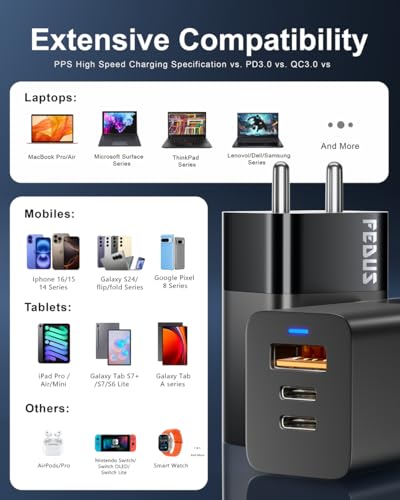 Image of FEDUS 100w gan Charger, 100w Fast Charger Gan Adapter 1 Type C & 1 USB Port Fast Charging Adapter Wall Charger for Samsung, iPhone, Tab /Pad MacBook, Dell, HP, ASUS, 100 W, Devices, 2 Yr Warranty