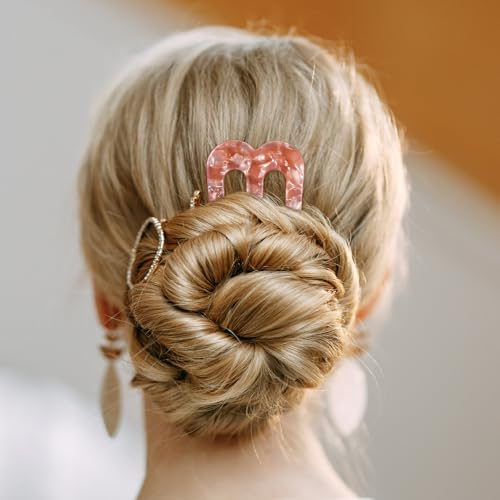 4 Pcs Large French Pins for Thick Hair 3-Prong Hair Forks Retro U Shaped Hair Pins for Women French Twist Hairs Pin Clips Chignon Pin Hairstyle Accessories (Blue Mermaid Light Tortoise Pink)