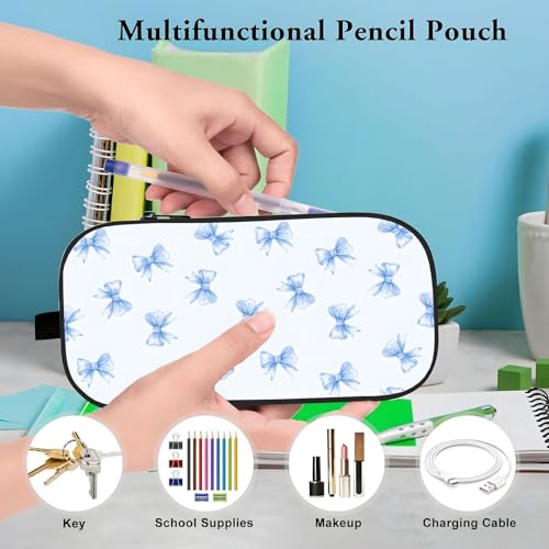Image of WOBAGMEN Double Layer Pencil Case with Handle Large Pencil Bag Cute Print Pencil Pouch for Boys Girls (Blue Bow)