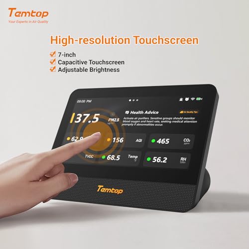 Image of Temtop WiFi Air Quality Monitor M100 2nd Gen, 7 Inch Touchscreen CO2 Detector & Air Quality Tester for PM2.5 PM10 TVOC Temperature Humidity, Air Analyzer for Home Office with LoRa Extension