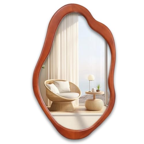 Wavy Mirror with Wood Frame, Modern Decorative Asymmetrical Mirro...