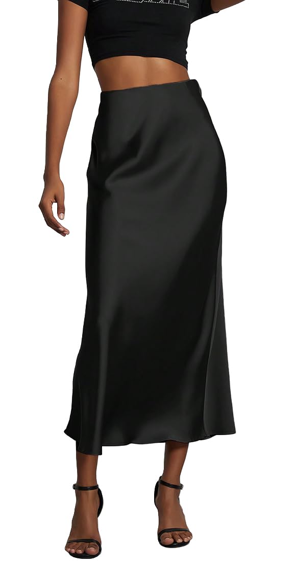 Jupe Longue Femme Jupe Satin Taille Haute Elastique Robe Femme Robe Satin Ligne A Couleur Unie Casual Chic Élégante Soirée