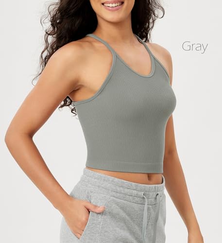 ODODOS Women's Crop 3-Pack Seamless Rib-Knit Camisole Crop Tank Tops3